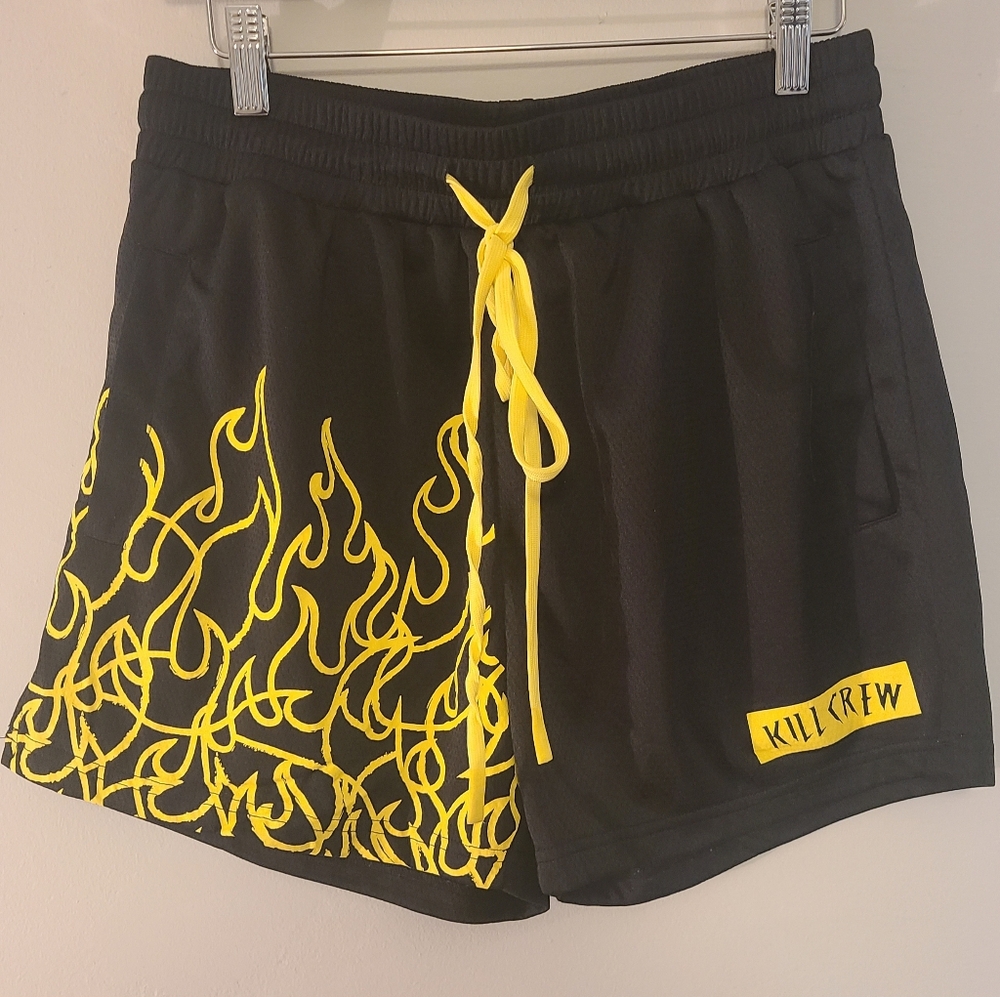 Kill Crew Women's Black Shorts with Yellow Flame Design